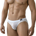 White mesh briefs with black logo waistband metro malewear grid mesh bikini white 5103-28 front view