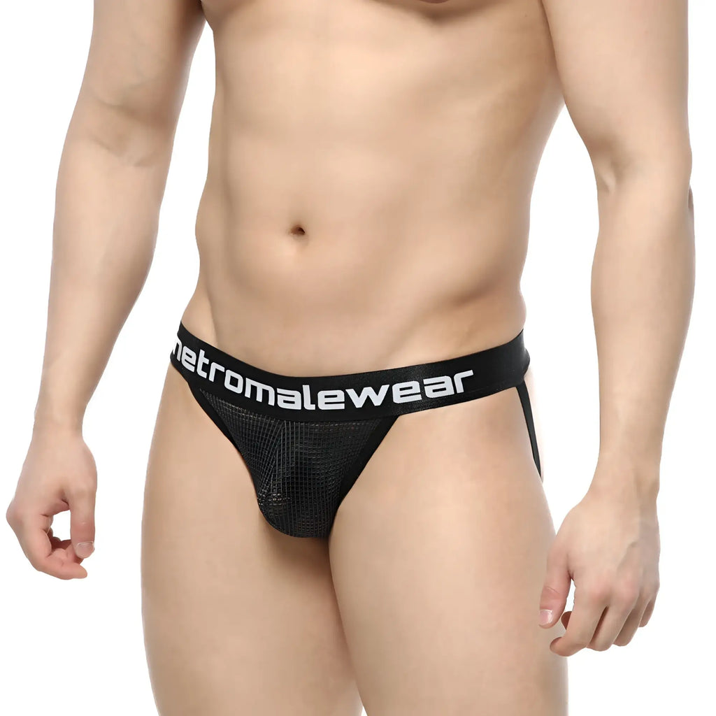 Black mesh briefs with a white metromalewear logo band from the metro male wear grid mesh jockstraps collection