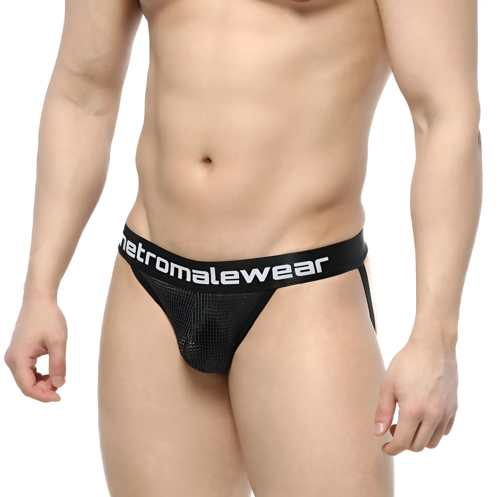Black mesh briefs with a white metromalewear logo band from the metro male wear grid mesh jockstraps collection