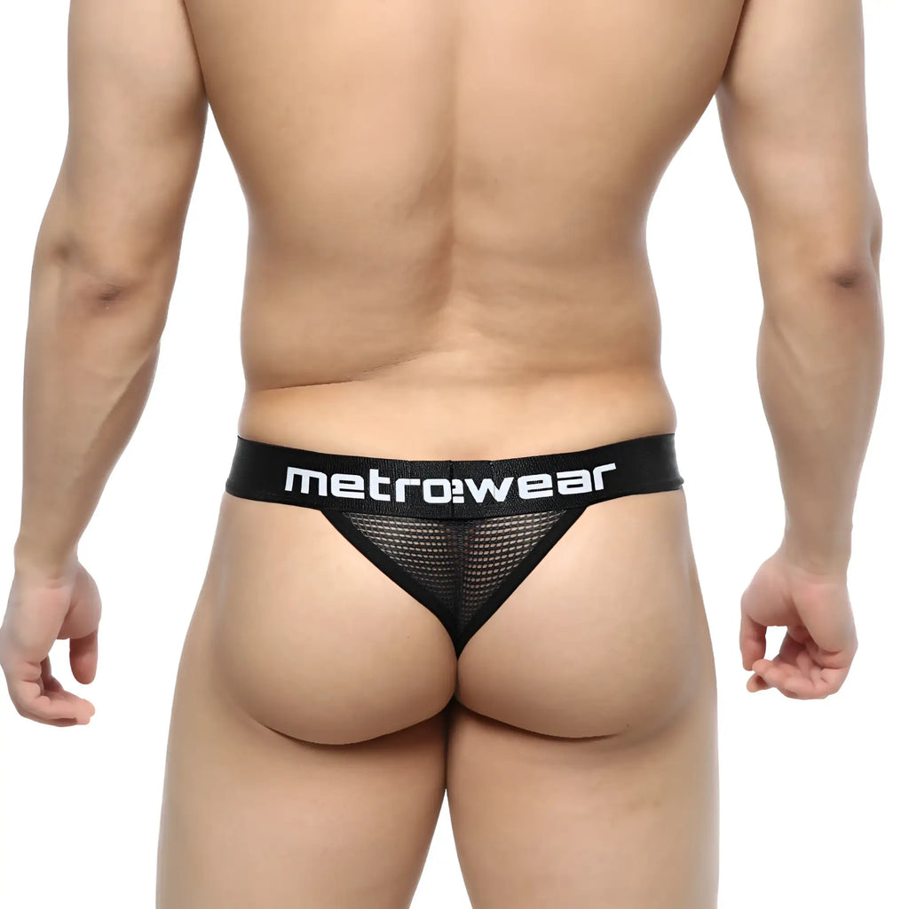Black mesh thong with metro wear branded waistband from MetroMaleWear Grid Mesh Thong Black 2912-35 product