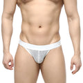 White mesh briefs with a solid white waistband from MetroMaleWear Grid Mesh Thong 2912-34 showing front side