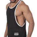 Back view of MetroMaleWear gym tank top charcoal with white trim cutout back and aquan metrogalwear brand label