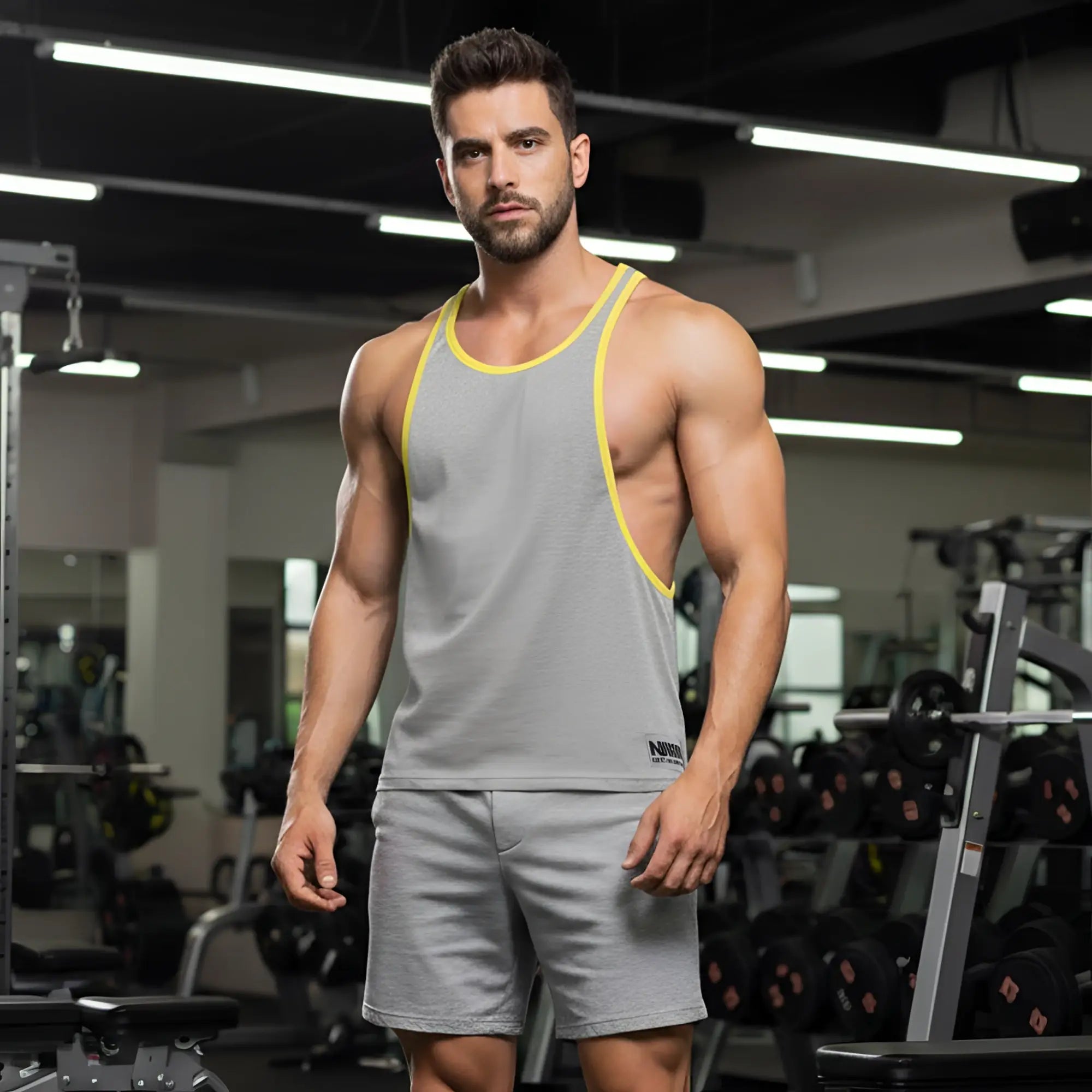 MetroMaleWear gym tank top grey with yellow trim and small black logo on lower left side for athletic use