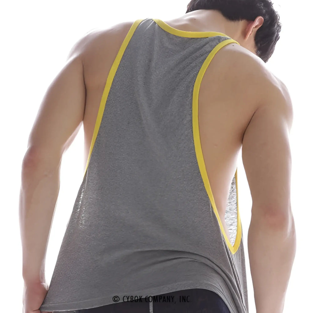 Back view of MetroMaleWear gym tank top grey muscle tank with yellow trim and cutout back for active wear