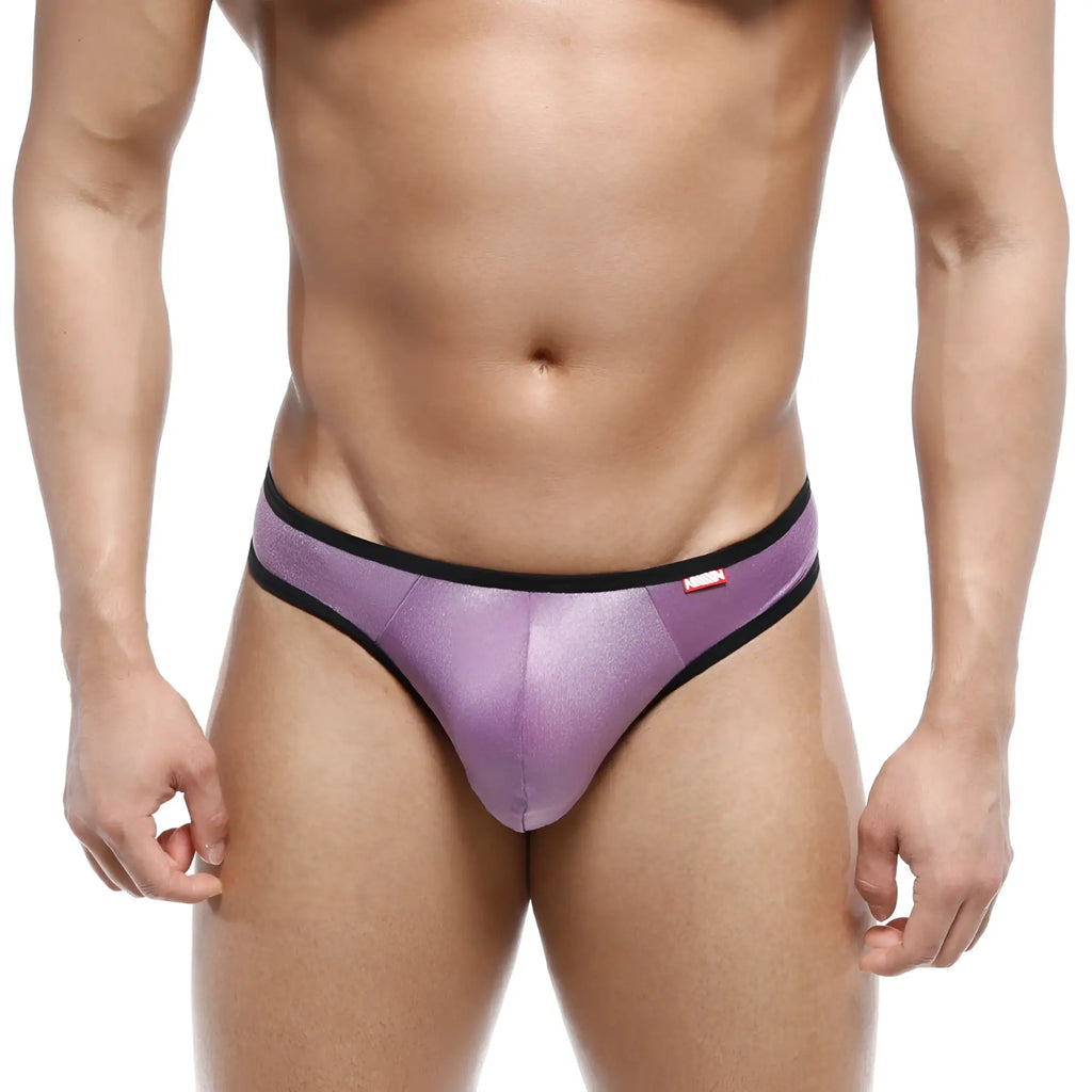Purple metallic half-bikini thong with black trim from MetroMaleWear 7002-19 highlighting sleek mesh detail