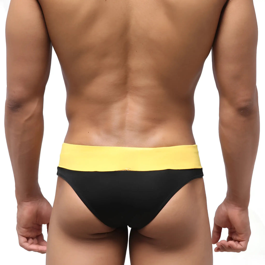 Metro male wear halfback swim bikini black 4915-20 black and yellow swim trunks with wide elastic waistband back view