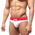 White metroMaleWear halfback swim bikini trunks with bold red waistband and white drawstring 4915-00