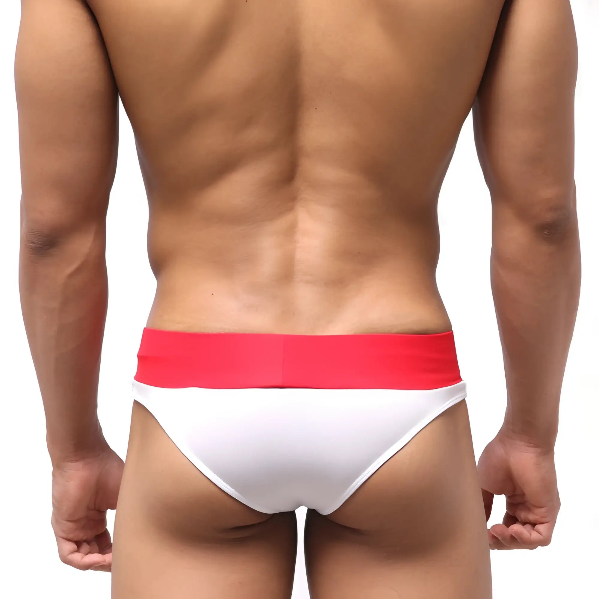 White swim trunks with vibrant red waistband metroMalewear halfback swim bikini white 4915-00 back view