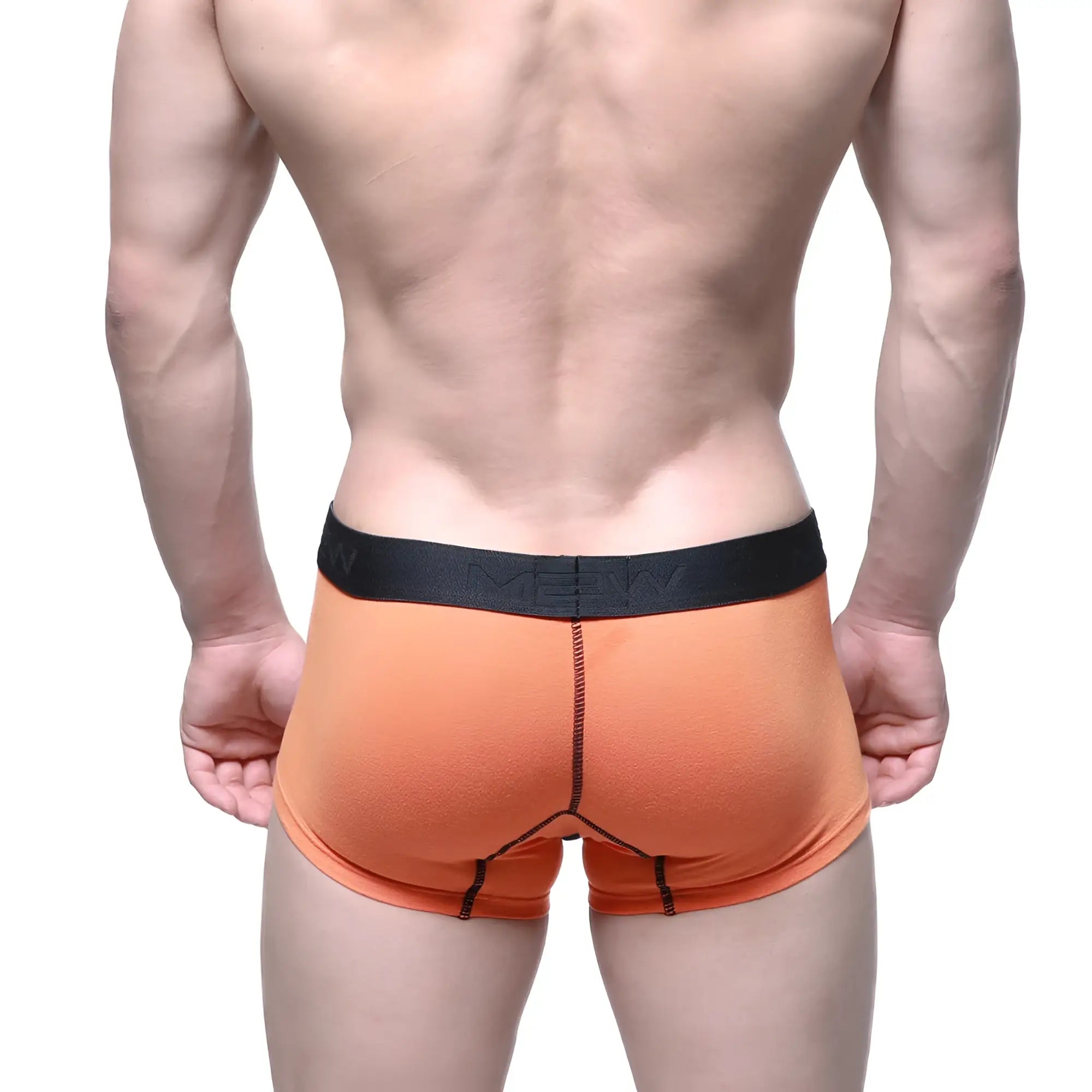 Orange mens briefs with black elastic waistband featuring mean logo from metromalewear halloween short boxer 7 inch 3022-30