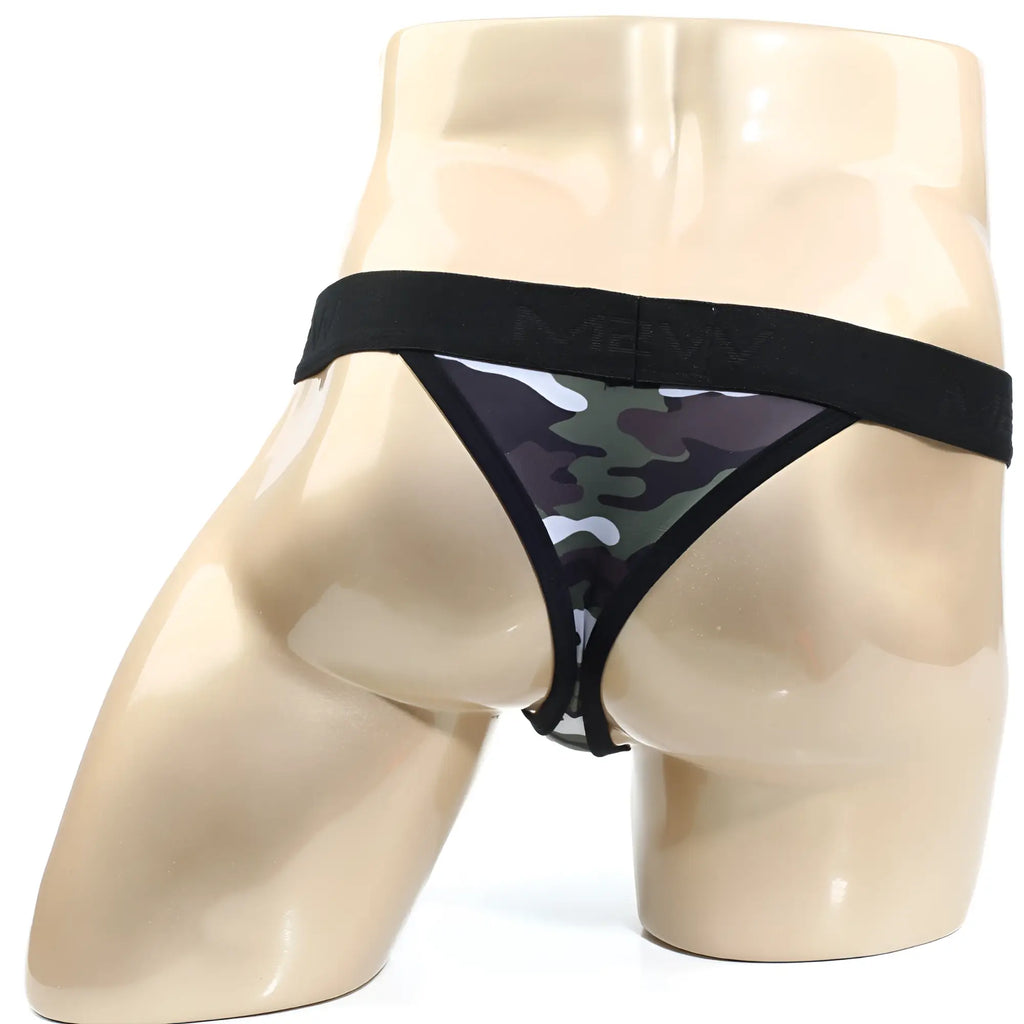 MetroMaleWear Hard Core Thong 2912-60 black and green camouflage thong with black elastic waistband front view