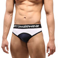 White and navy blue athletic briefs with black etromalewear waistband in MetroMaleWear hat thong white 3302-00 design