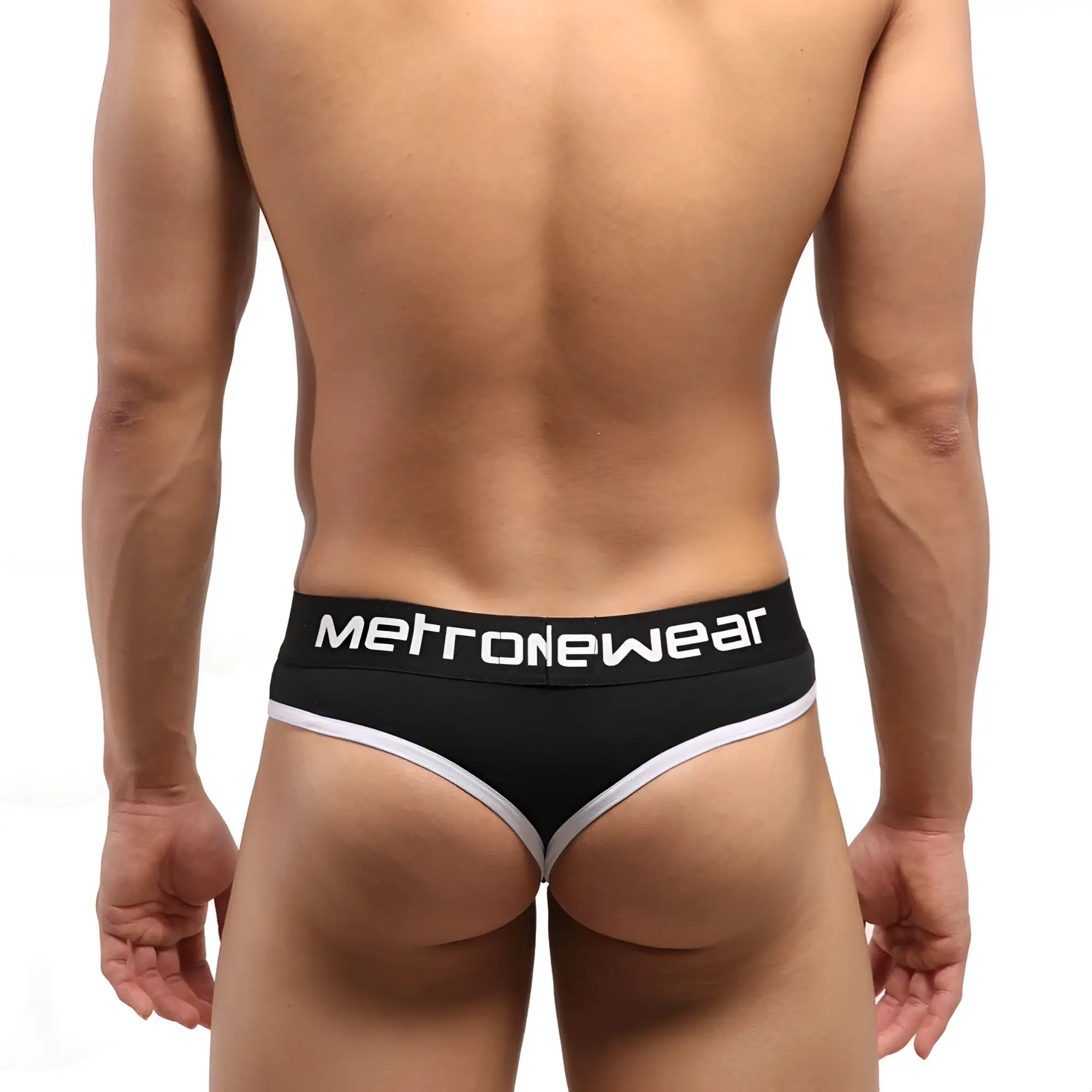 Black metronewear briefs with white trim and branding from MetroMaleWear Hat Thong White 3302-20 product line