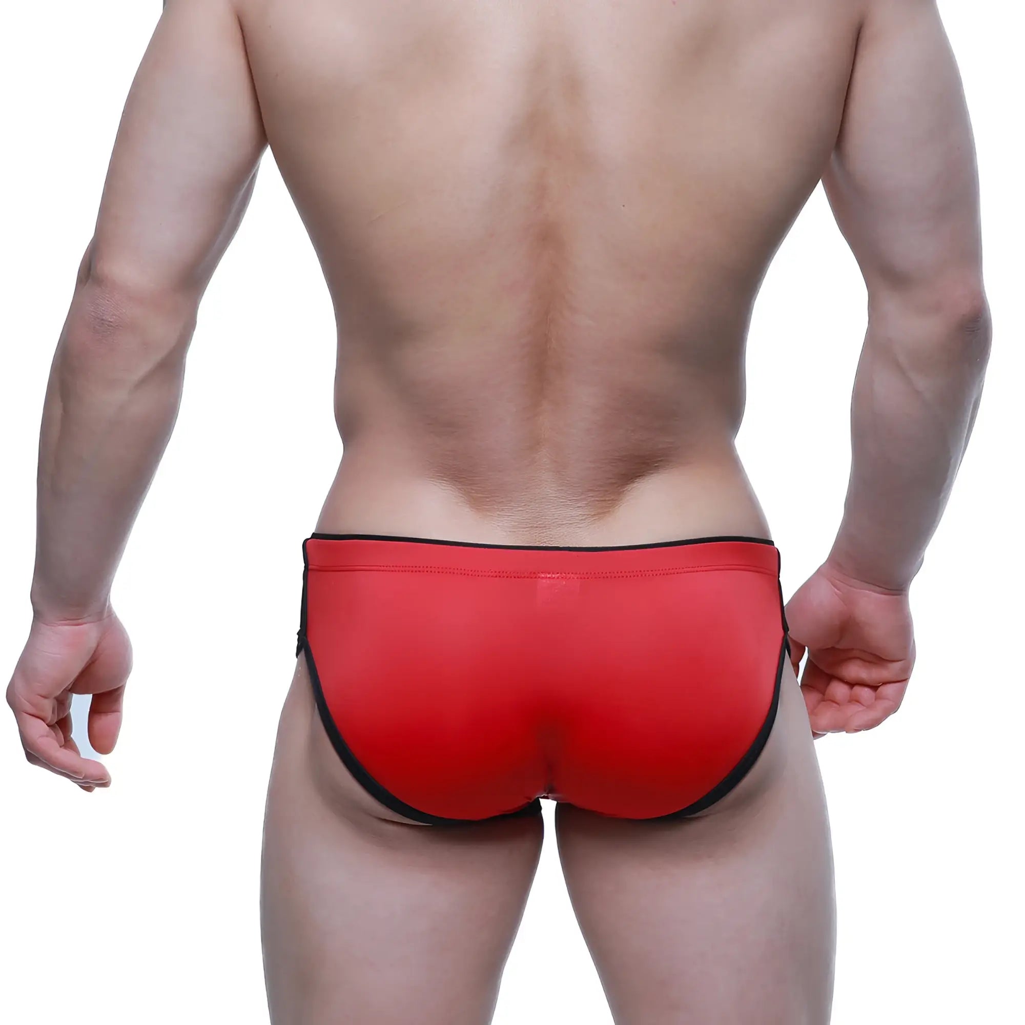 Metro male wear havana short boxer red swim trunks with black trim designed for comfortable beachwear
