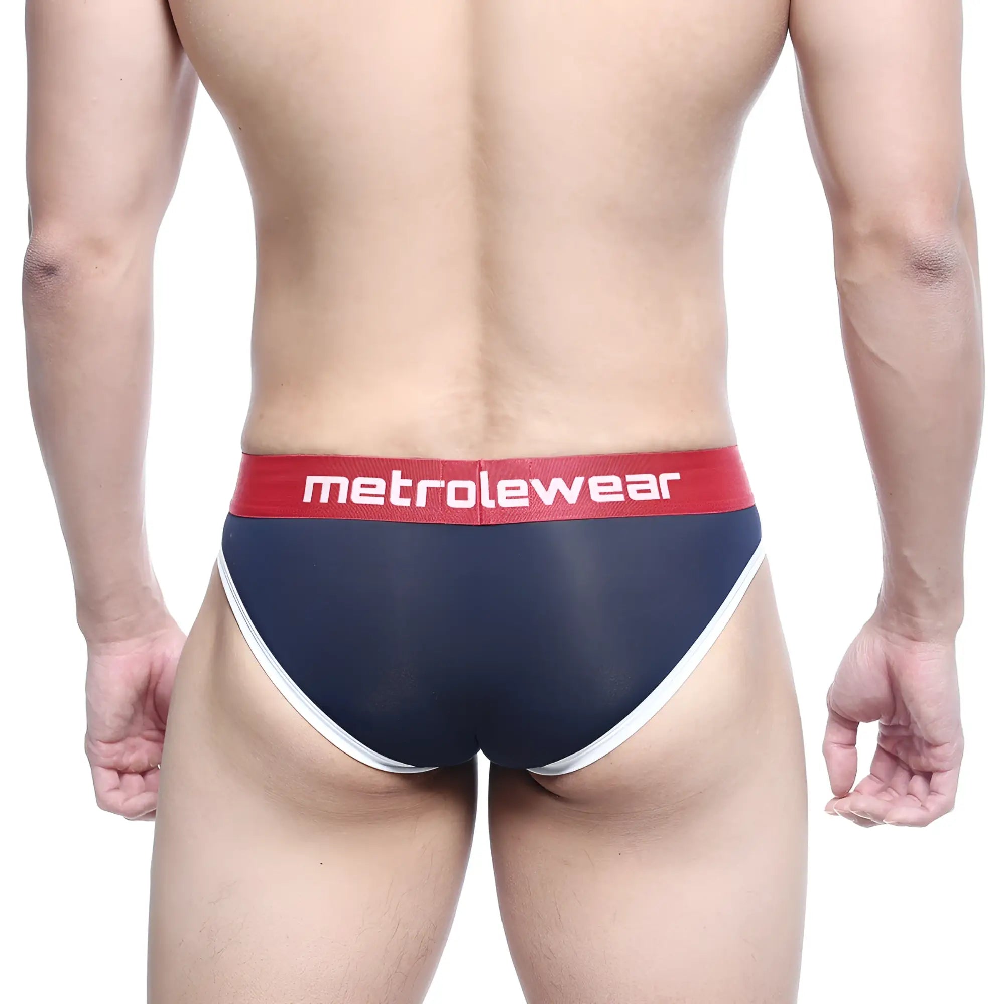 Navy blue and white mens briefs with red waistband and metrowear logo comfortable for daily wear