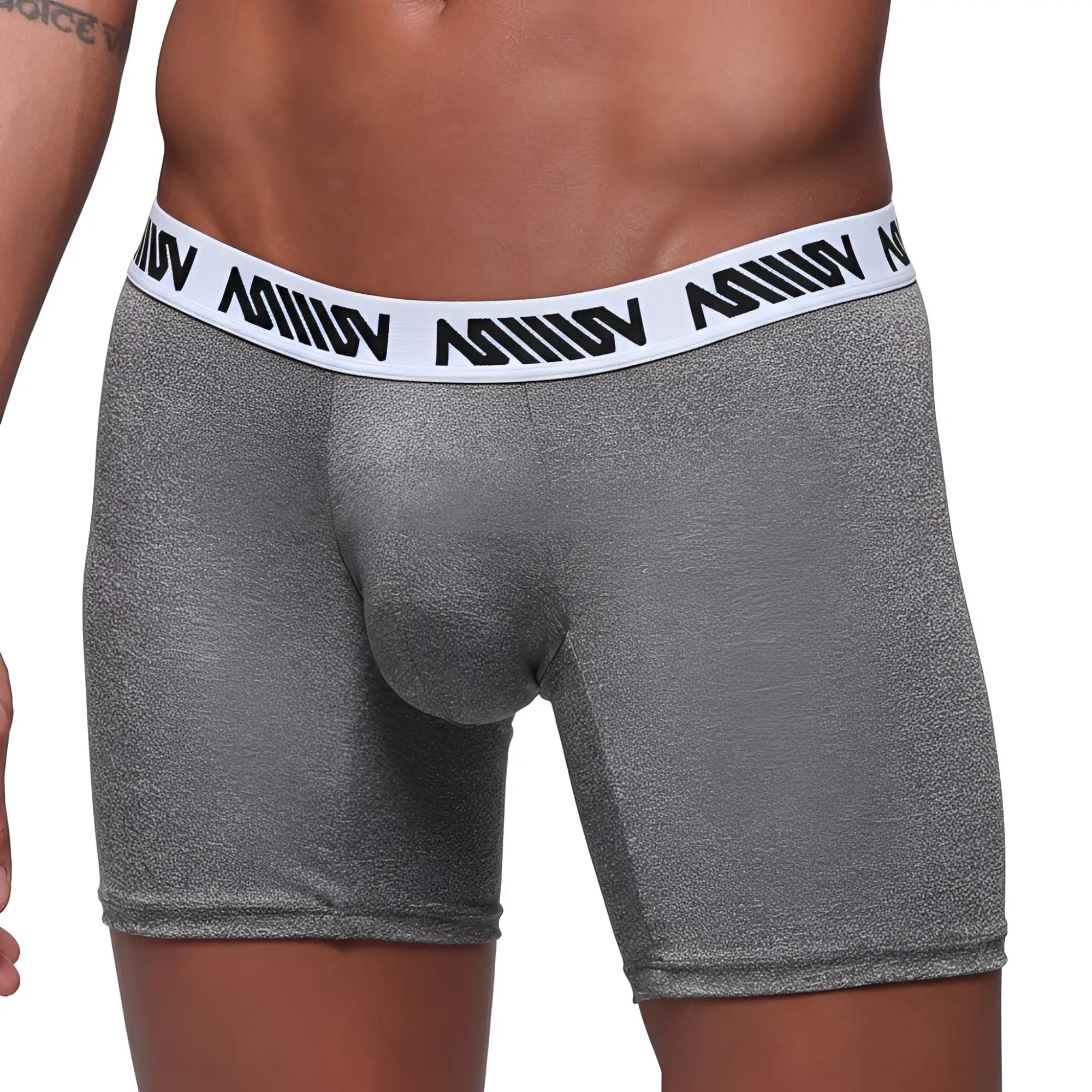 MetroMaleWear heather mid boxer briefs gray heathered fabric with white elastic waistband and black logo text