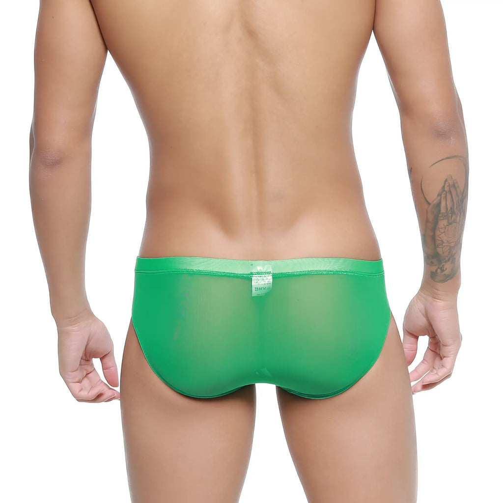 Metro malewear hierba bikini 5103-m17 bright green sheer mesh briefs with solid elastic waistband front view