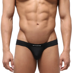 Black mens briefs with snug form-fitting design and metromalewear logo embroidered on waistband