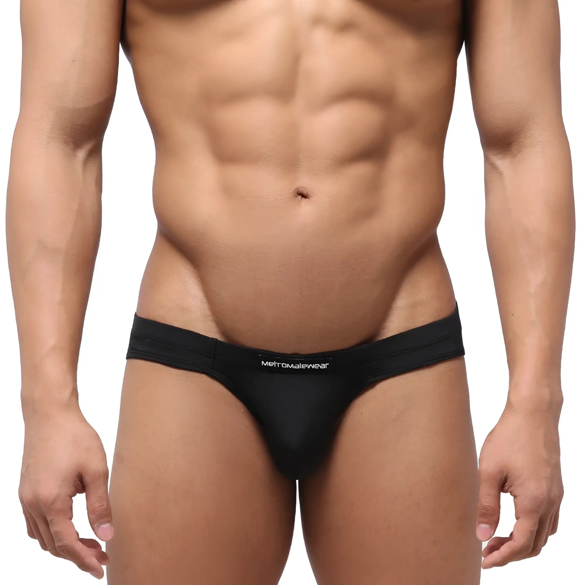 Black mens briefs with snug form-fitting design and metromalewear logo embroidered on waistband metrohalewear highcut hip brief