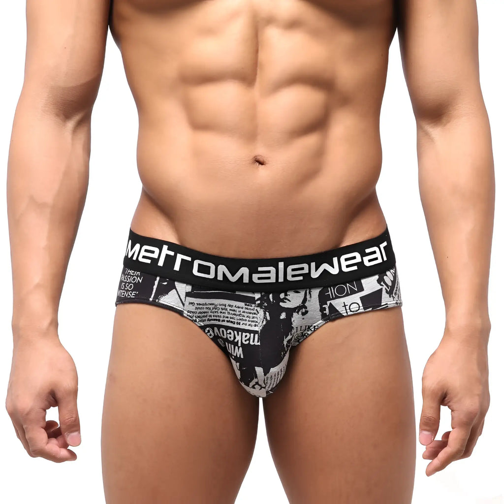 Black and white graphic briefs with newspaper print and metromalewear branded waistband highcut hip brief