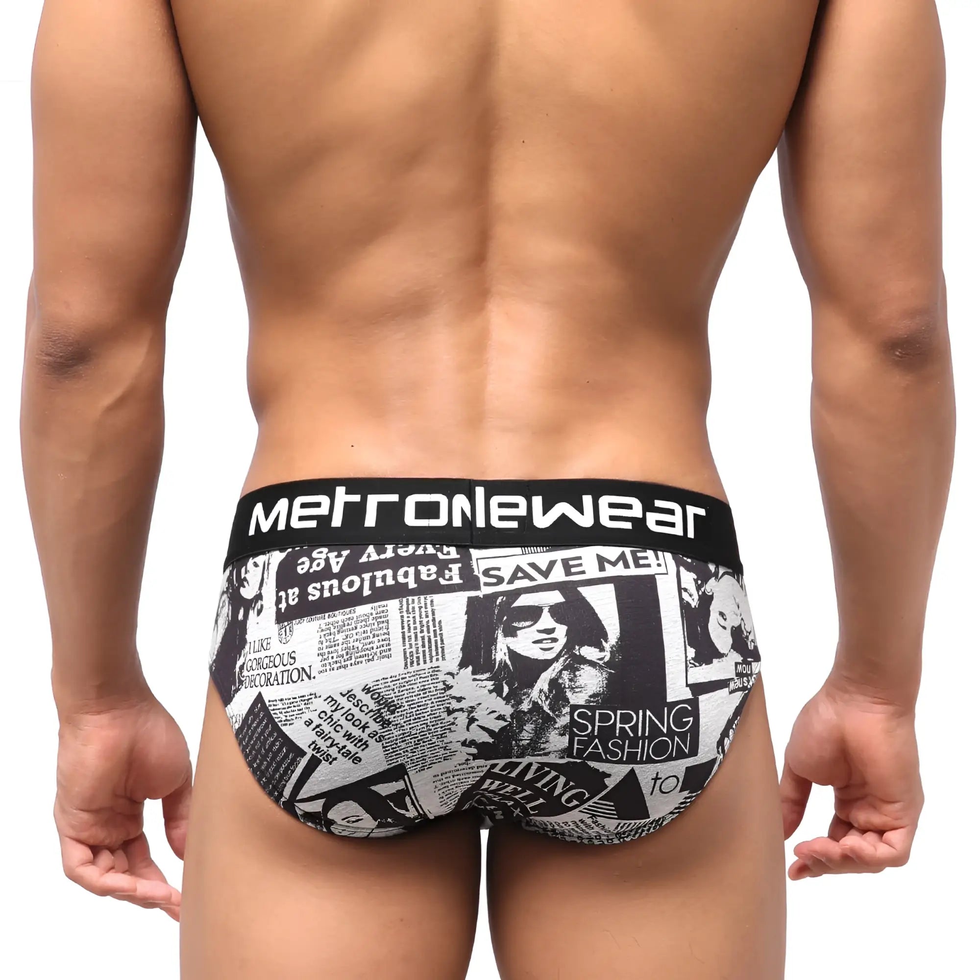Black and white newspaper-themed highcut hip briefs with bold metronewear waistband for stylish everyday comfort