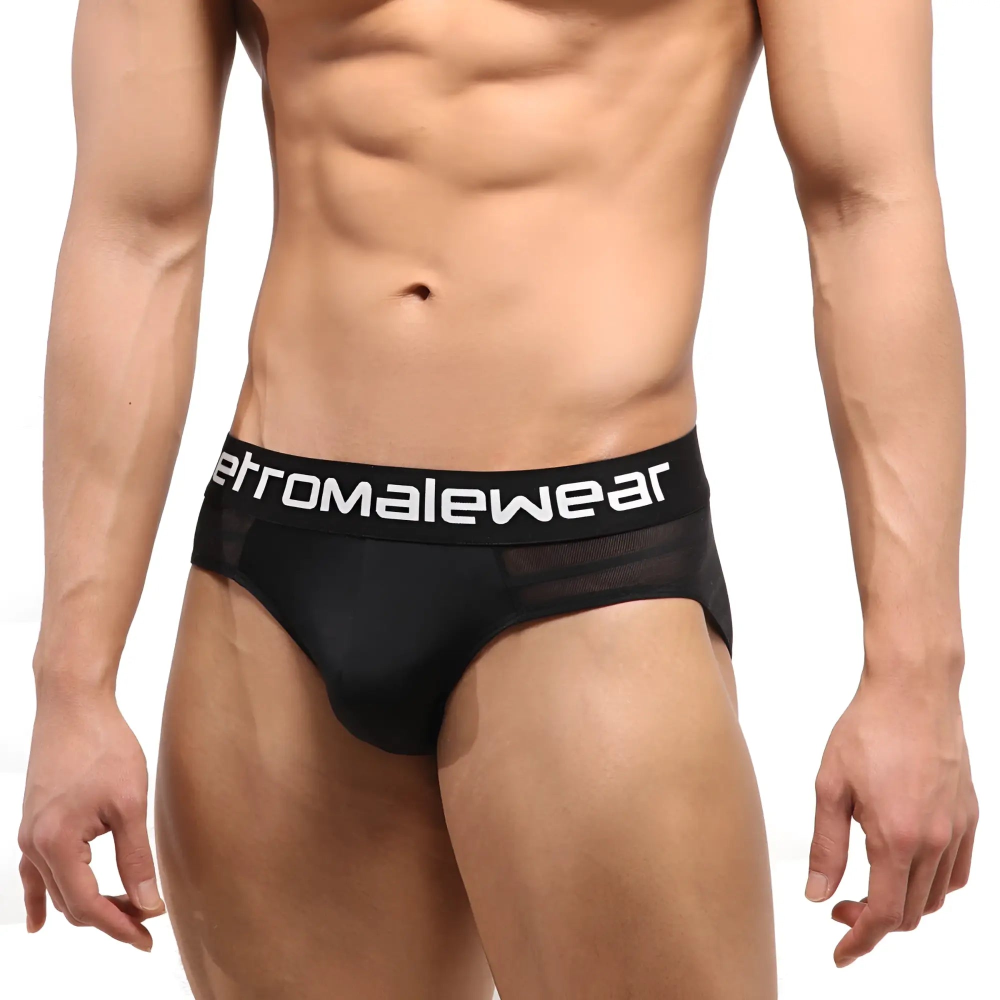Black mens highcut hip briefs with mesh stripe and etromalewear logo on waistband in black color