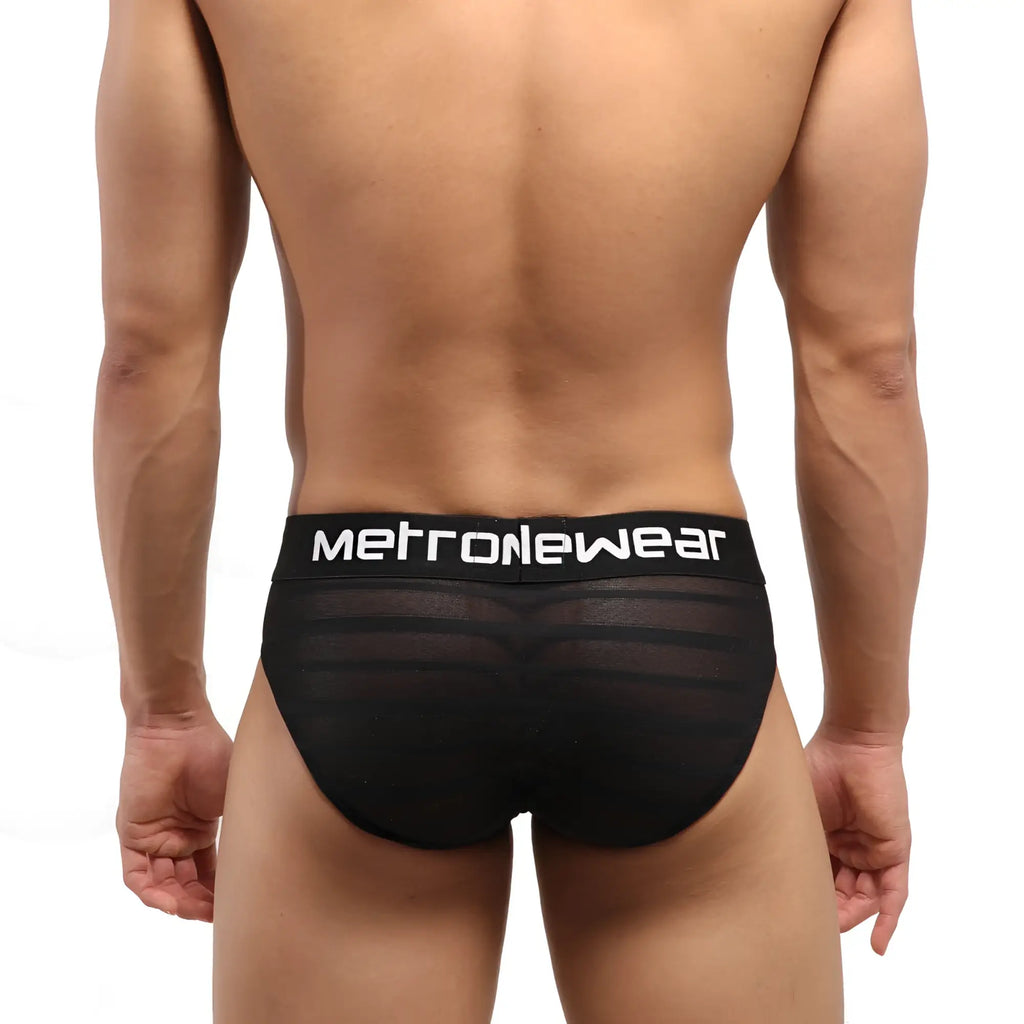 Black highcut hip mesh briefs with white metroNewear logo on waistband from MetroMaleWear 5103-41