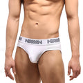 White mens highcut hip briefs with gray elastic waistband and million logo in mesh stripe fabric by metroMalewear