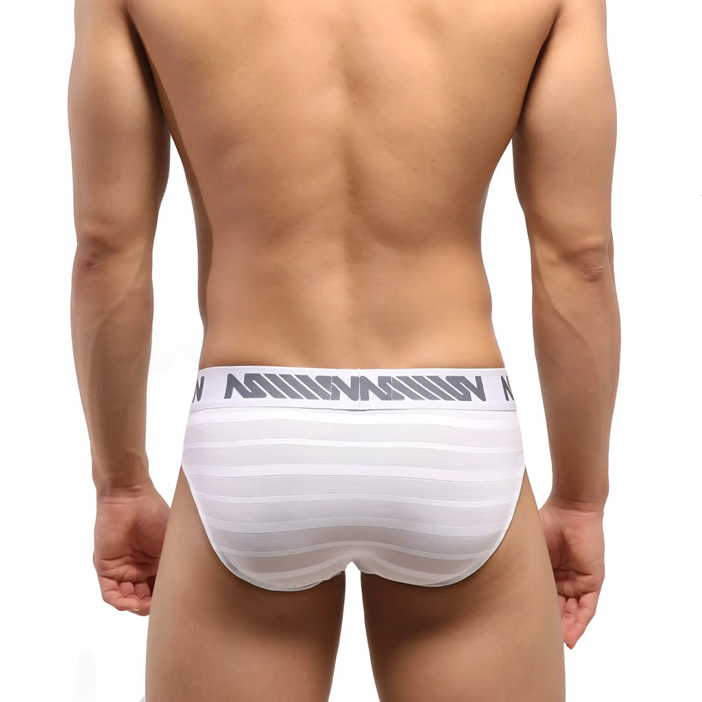 MetroMaleWear highcut hip brief in white mesh stripe with gray logo waistband band for men