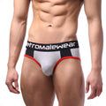 Gray and black athletic highcut hip briefs with red trim and aeromalewear logo on contrasting waistband noir 5103-02