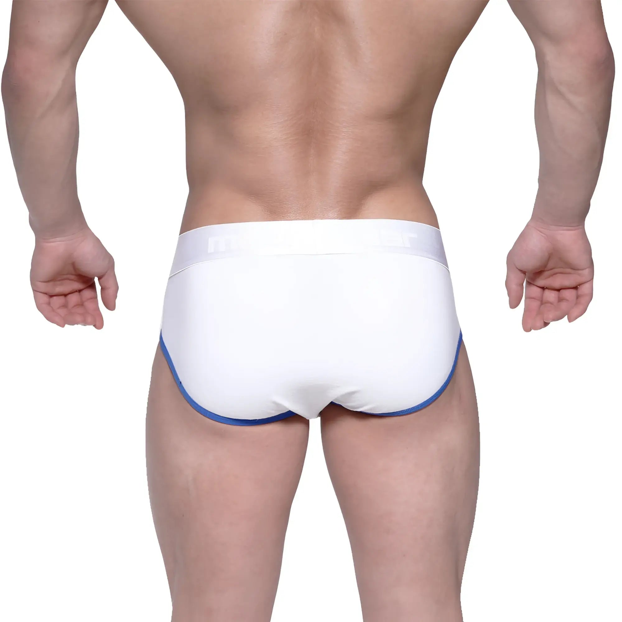 White metro malewear highcut hip brief tiempo 5103-01 with blue trim made from soft breathable fabric