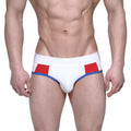 MetroMalewear highcut hip brief tiempo 5103-01 white briefs with red and blue geometric waistband accents