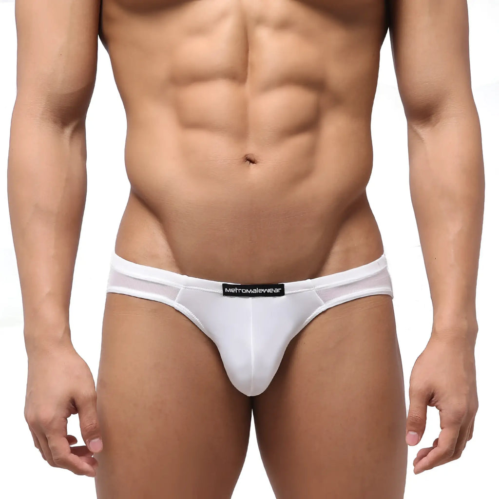 MetroMalewear highcut hip brief in white mesh fabric with a black brand label for comfortable wear