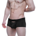 Black men’s briefs metro male wear hincapie trunk in black with cutout design and branded waistband front view