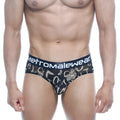 Black mens briefs with white graffiti style pattern and metromalewear waistband hip brief bar oraculo 5003-03