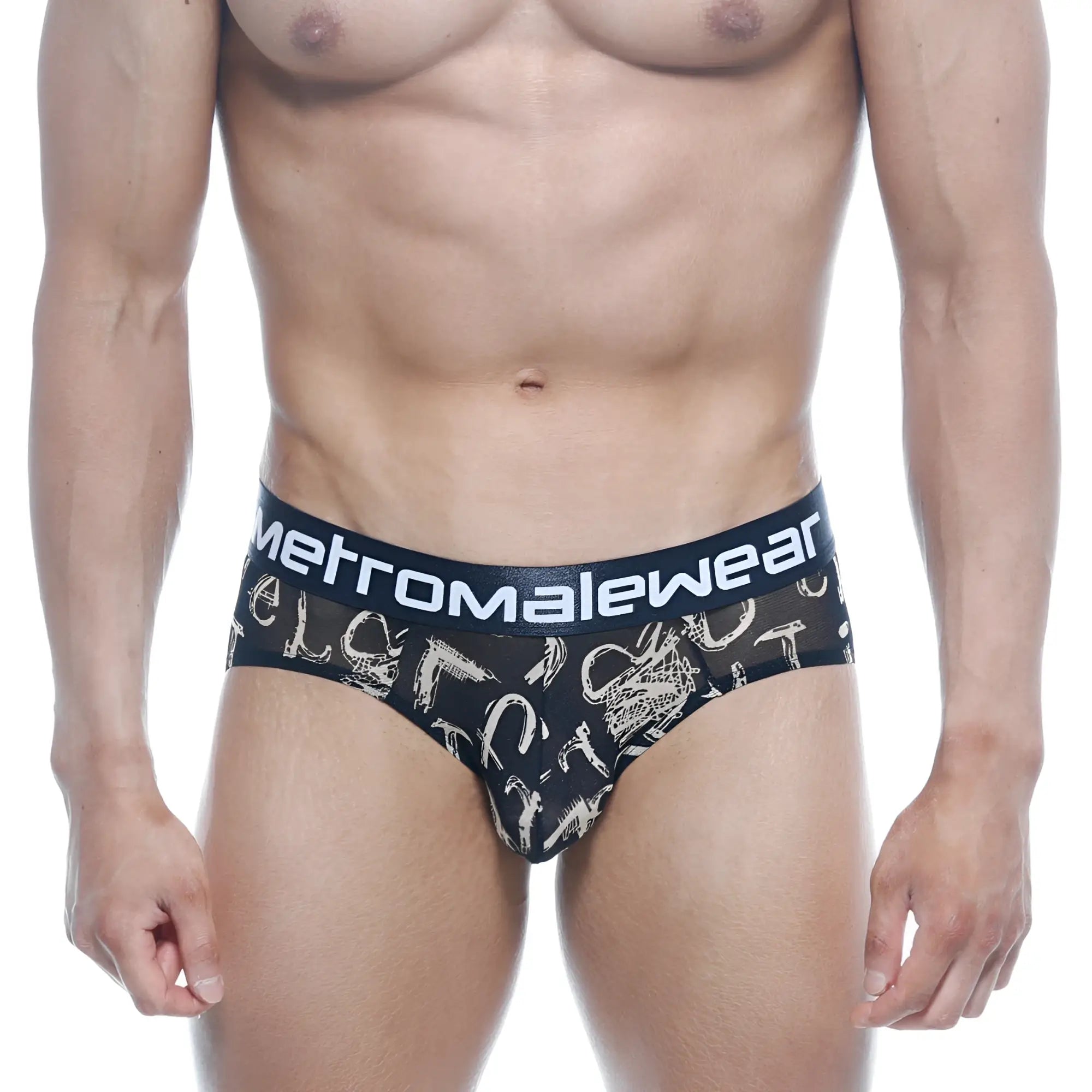 Black mens briefs with white graffiti style pattern and metromalewear waistband hip brief bar oraculo 5003-03