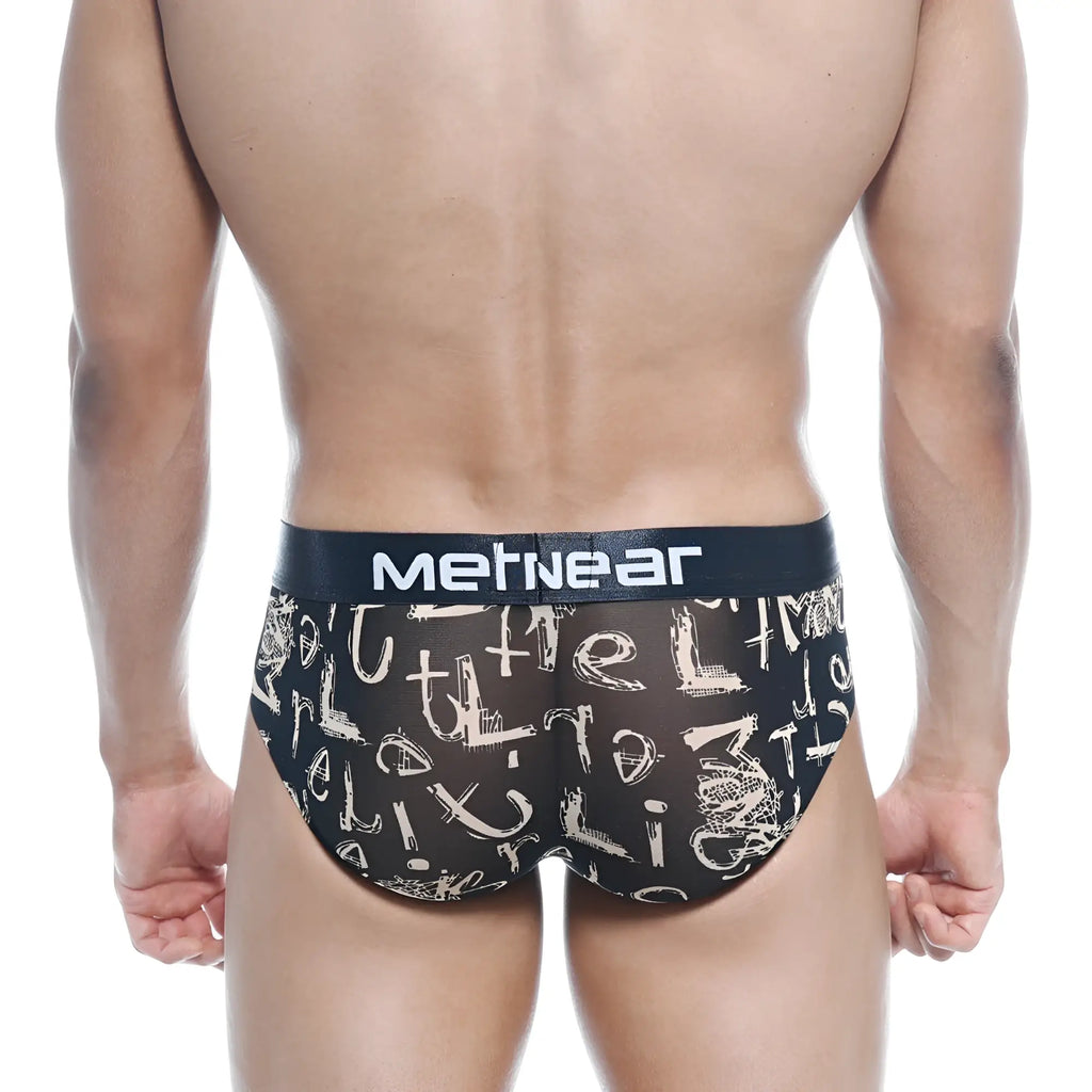 Black mesh briefs with white graffiti lettering and black mertnear waistband metroMalewear hip brief oraculo 5003-03