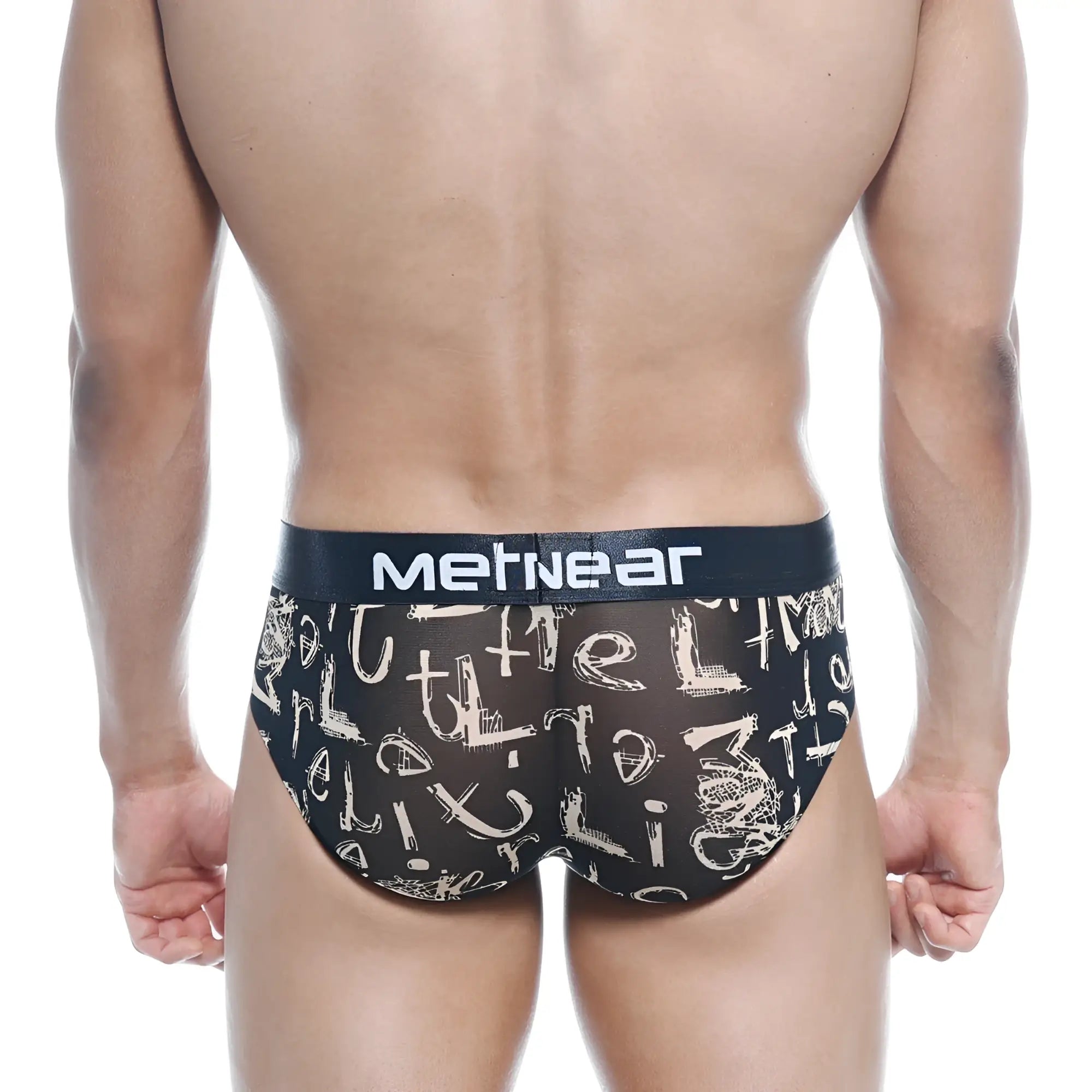 Black mesh briefs with white graffiti lettering and black mertnear waistband metroMalewear hip brief oraculo 5003-03