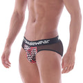 Black mesh metroMalewear hip briefs with bold red and white polka dot front and branded waistband berry 5003-69
