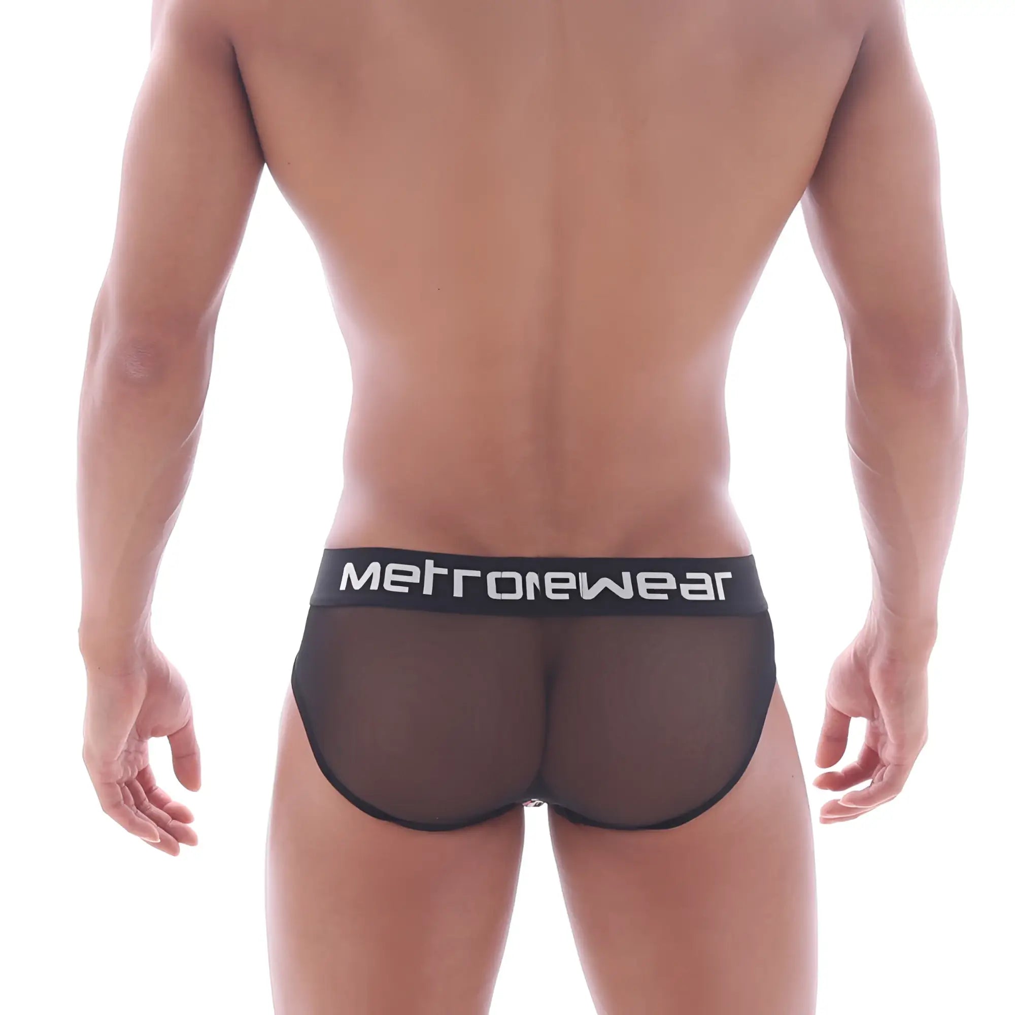 Black mesh hip briefs with a black waistband featuring white metrowear logo metro male wear berry 5003-69