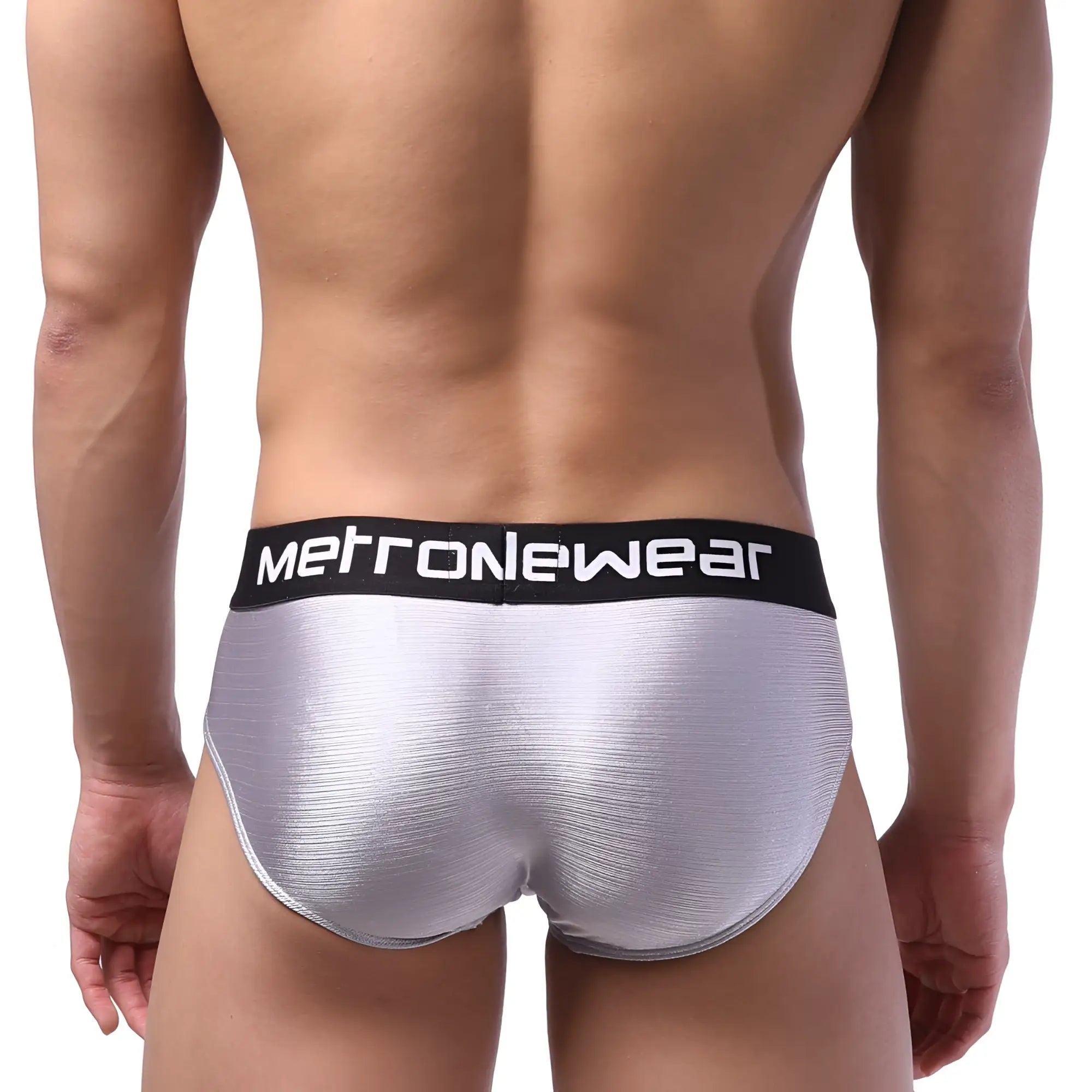 MetroMaleWear hip brief in metallic silver with silver textured fabric and black waistband featuring the logo