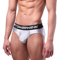 Silver textured men’s briefs with black waistband and white stromalewear branding metroMaleWear hip brief metal silver 5003-10