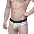MetroMaleWear hip brief Valencia 5003-79 white with yellow and blue stripes and black elastic waistband front view
