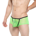 Bright neon green mesh briefs with black trim and small white MetroMaleWear brand tag for comfortable wear