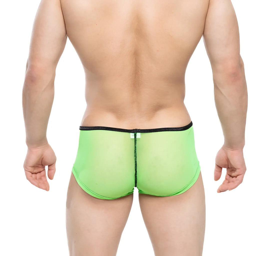 Bright neon green sheer mesh briefs with black trim and central zipper closure metroMaleWear HONGOS trunk lime 2126-73