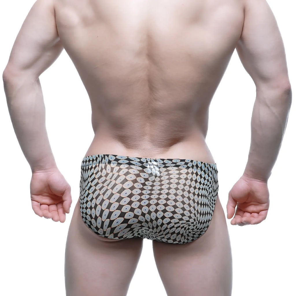 Black and white patterned swim trunks with geometric repeating design metroMalewear horus bikini 5103-m77