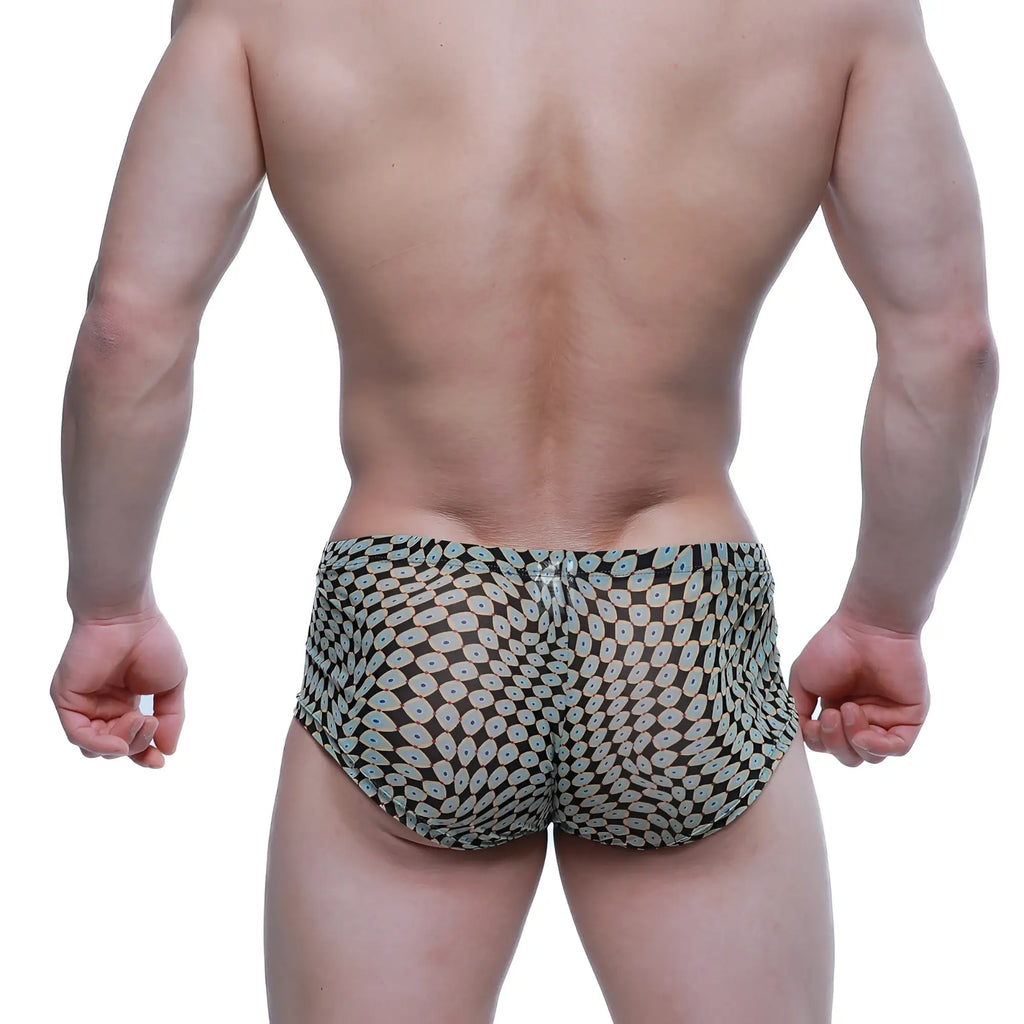 Black MetroMaleWear Horus trunk briefs with light blue and white circular pattern for comfortable daily wear