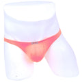 A vibrant coral-colored sheer mesh brief with gradient effect and brand tag from MetroMaleWear hot orange bikini and thong