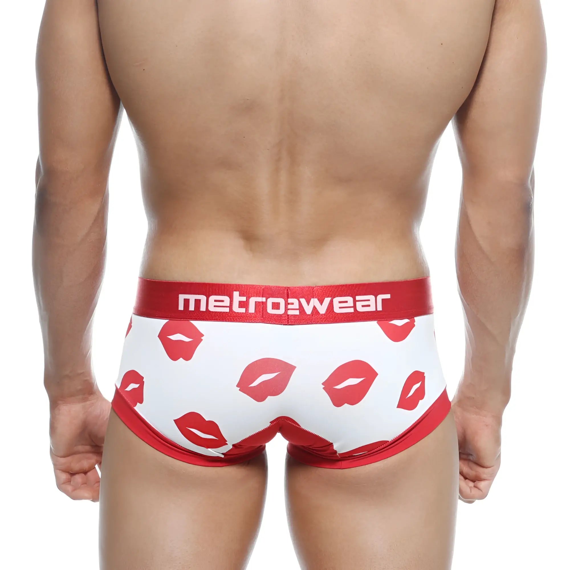White briefs with red lipstick print and a red metrowear waistband metroMalewear hotties boxer valentine white 7016-31
