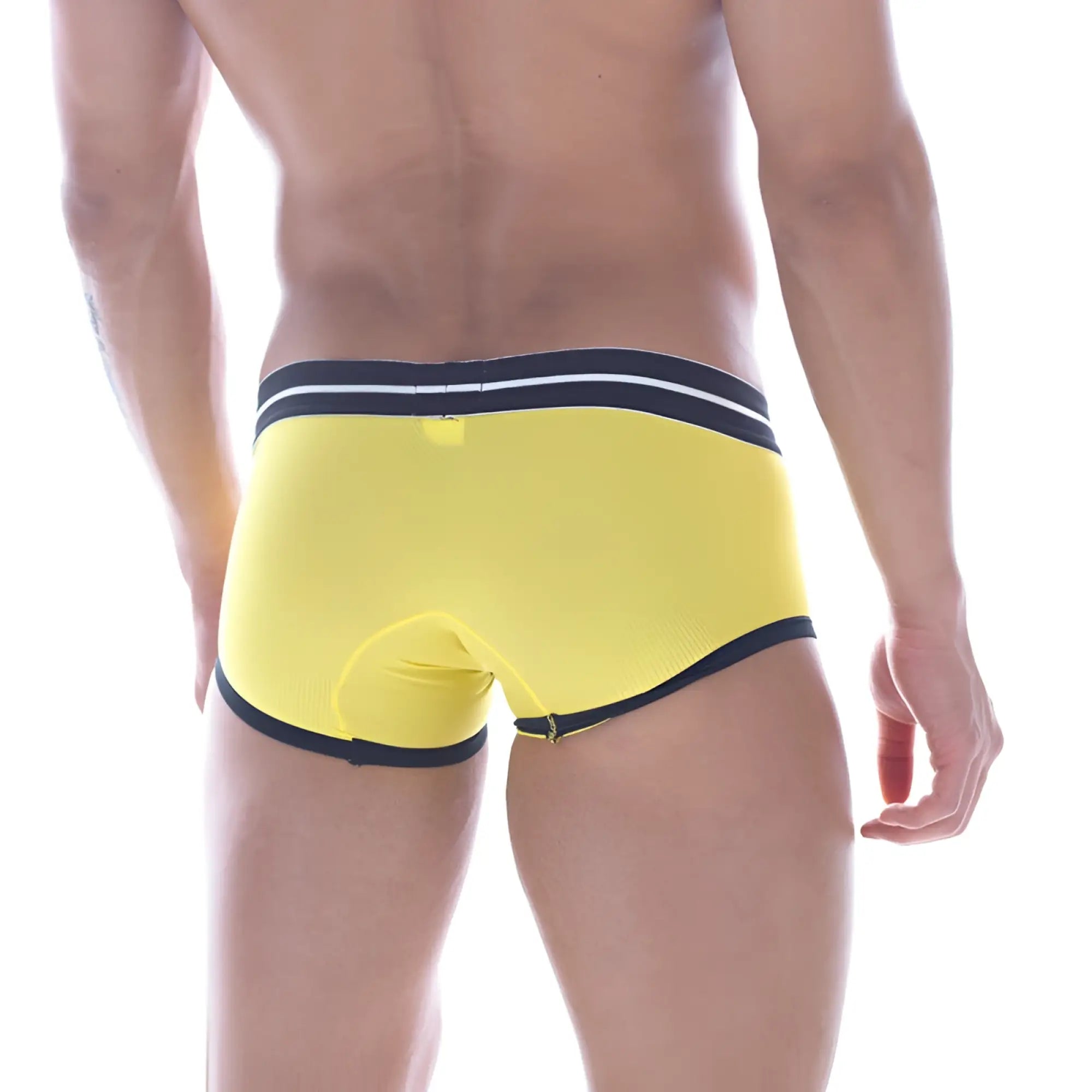 Bright yellow MetroMaleWear Hotties boxer briefs with navy blue trim and white stripe accents for athletic wear