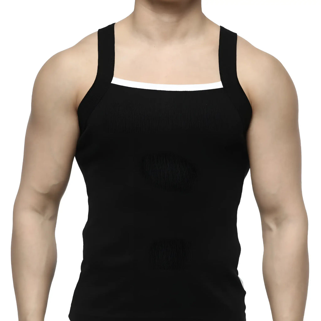 MetroMaleWear hummer tank top black with white trim along neckline and armholes in breathable fabric